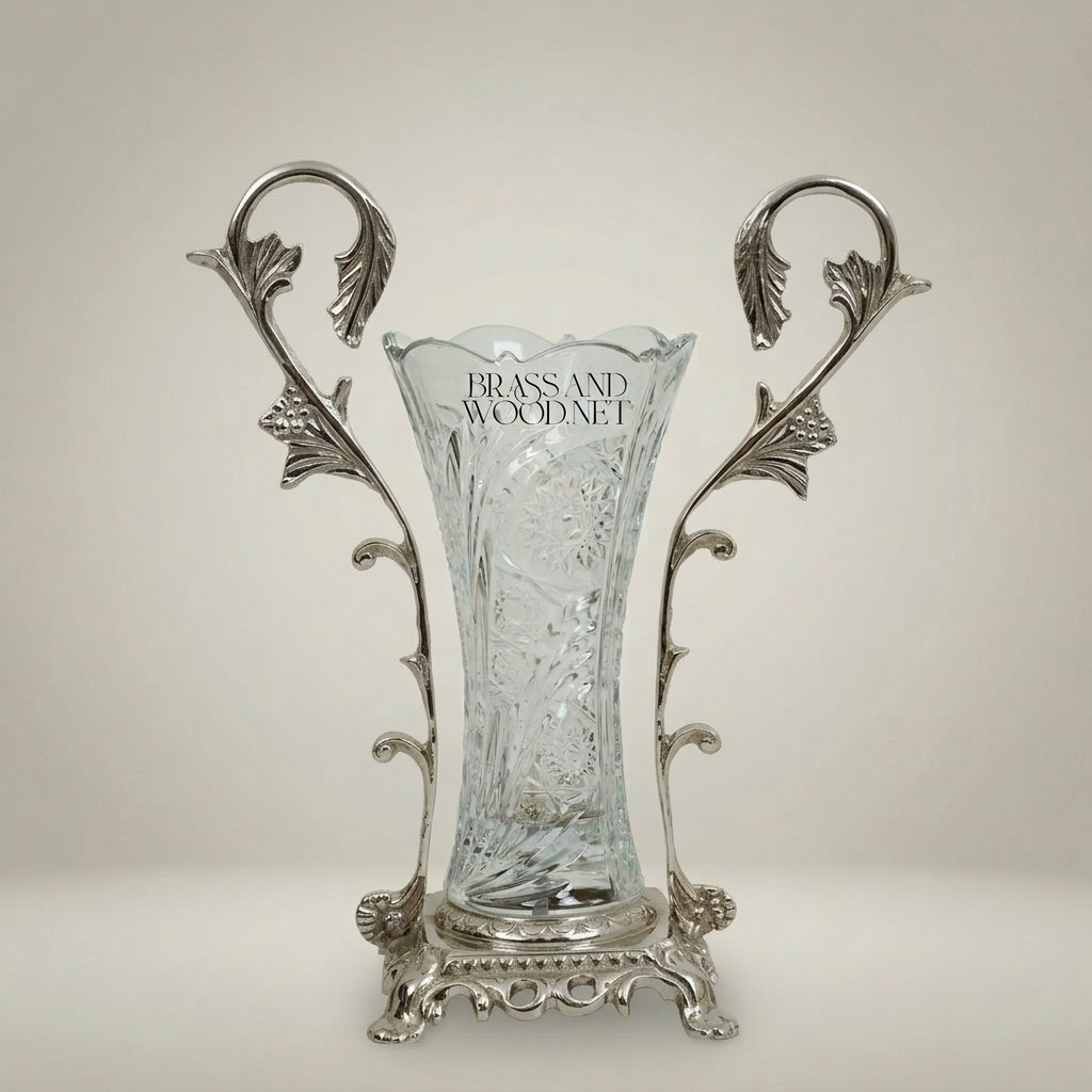 Rococo Hand-Cut Crystal Vase in Ornate Acanthus Brass Stand — Silver