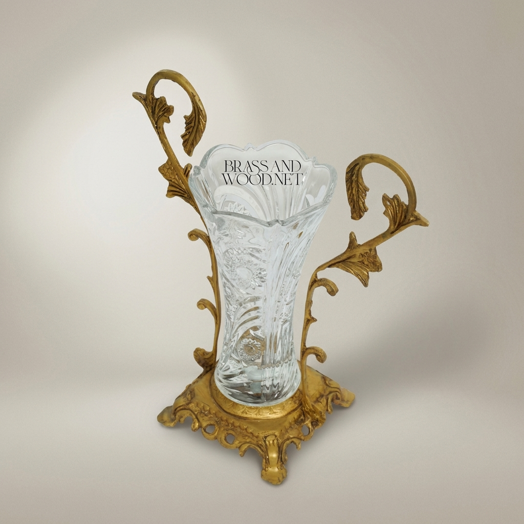 Rococo Hand-Cut Crystal Vase in Ornate Acanthus Brass Stand — Antique Gold