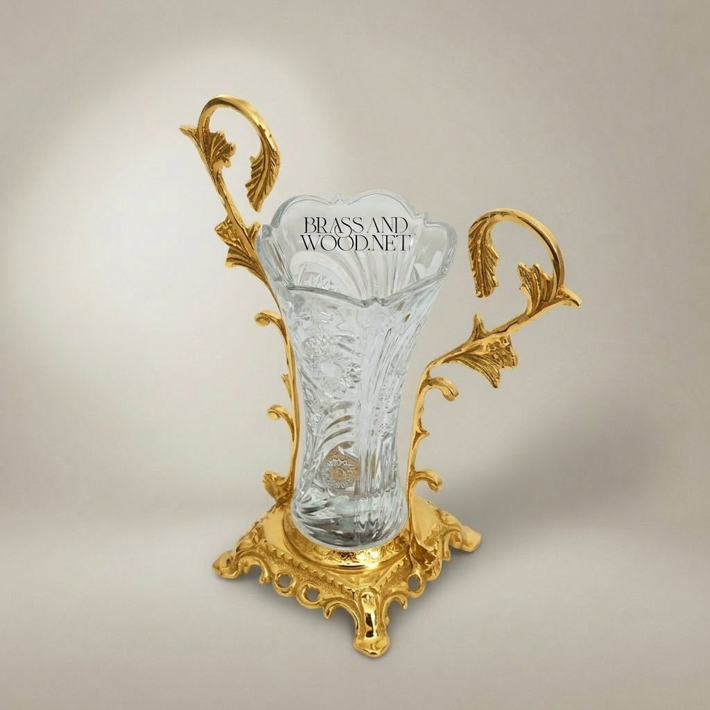 Rococo Hand-Cut Crystal Vase in Ornate Acanthus Brass Stand — Gold