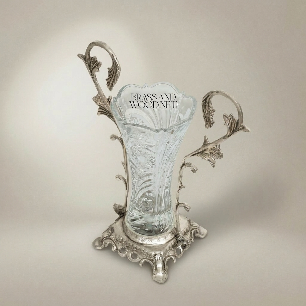 Rococo Hand-Cut Crystal Vase in Ornate Acanthus Brass Stand — Silver