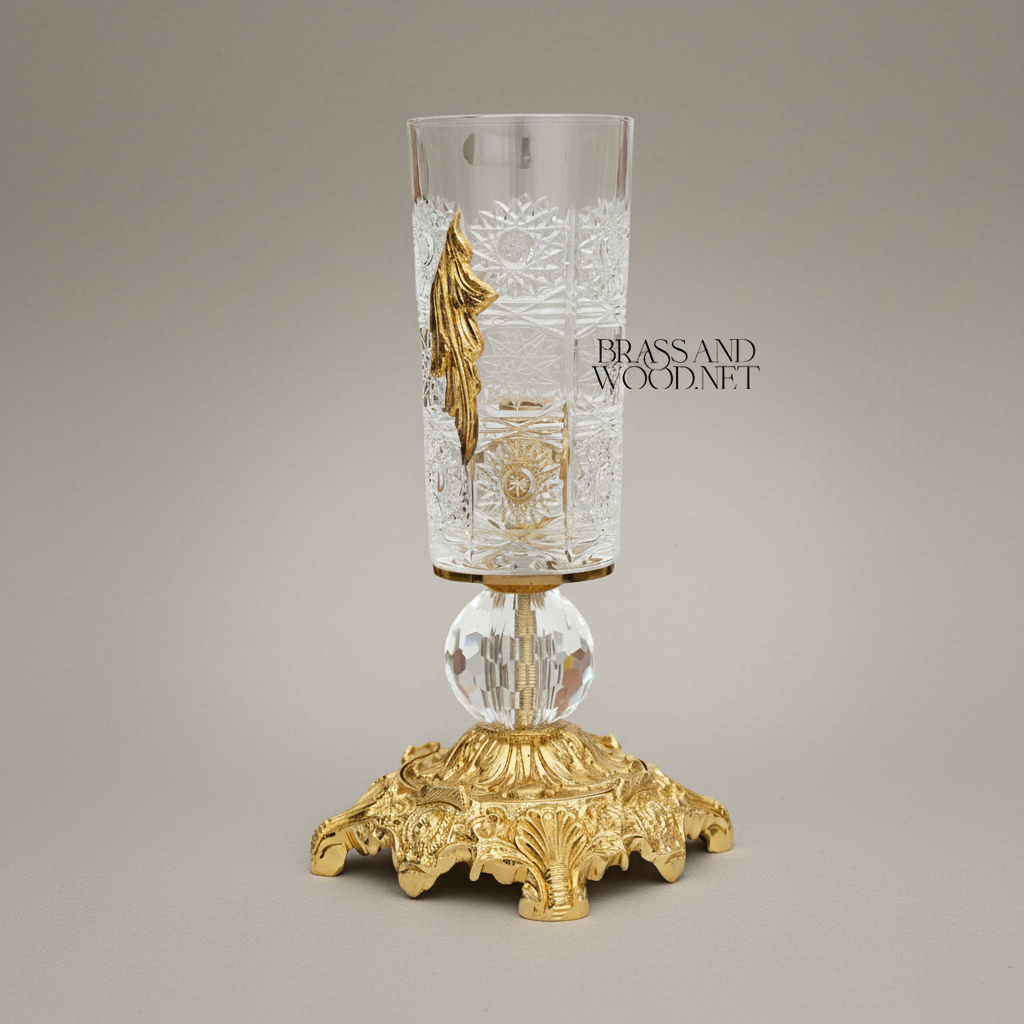 Rococo Hand-Engraved Crystal Vase on Ornate Brass Base with Acanthus Leaf Appliqué — Gold