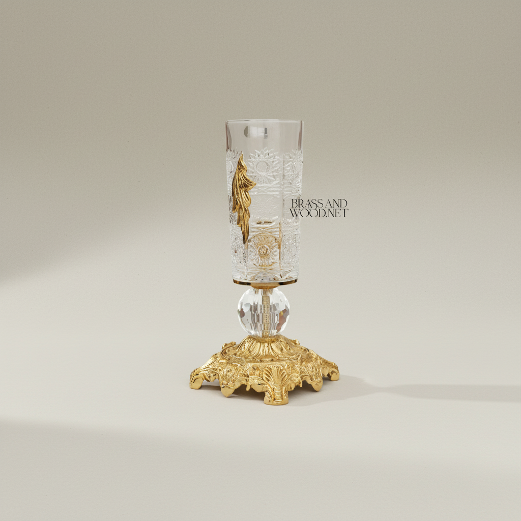 Rococo Hand-Engraved Crystal Vase on Ornate Brass Base with Acanthus Leaf Appliqué