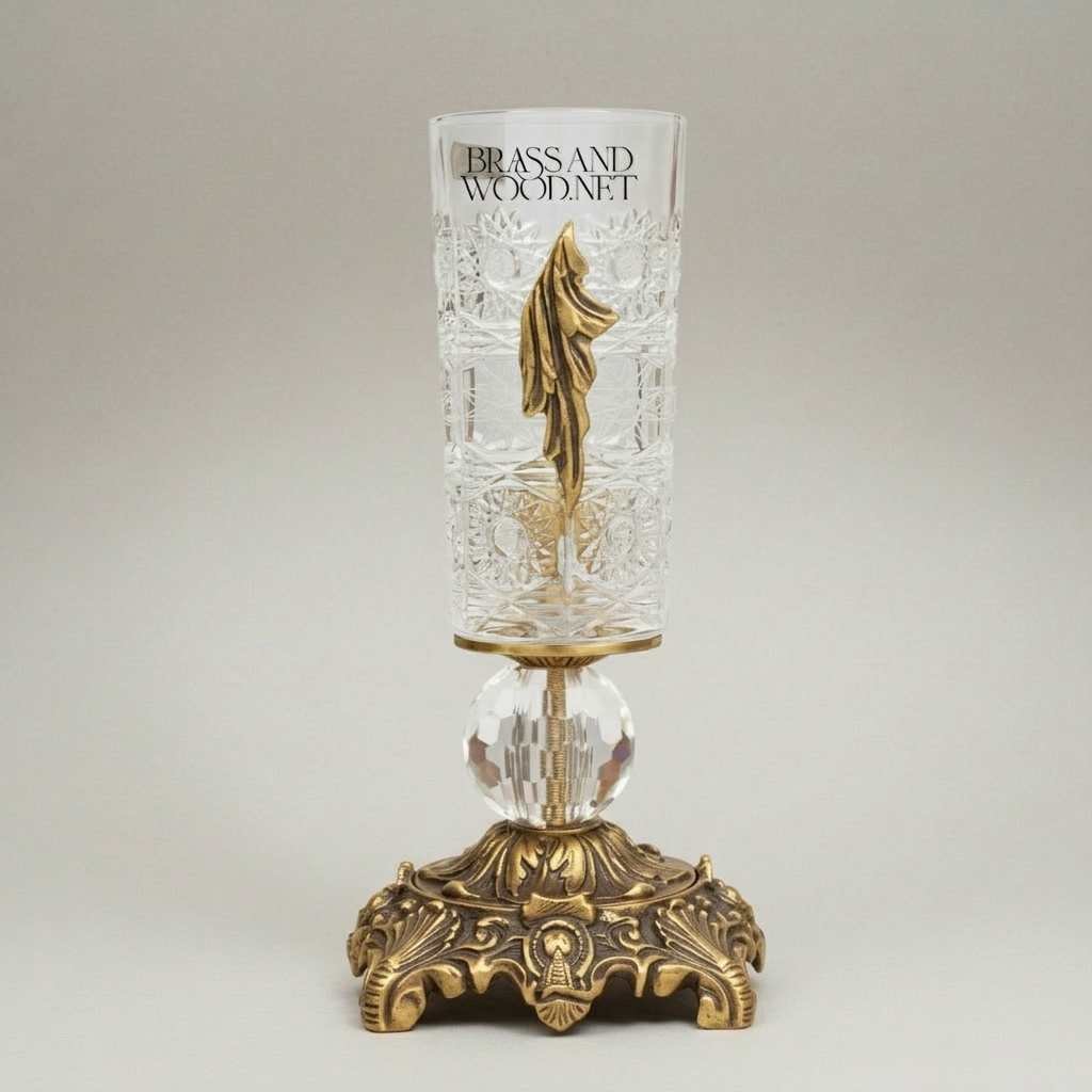 Rococo Hand-Engraved Crystal Vase on Ornate Brass Base with Acanthus Leaf Appliqué — Antique Gold