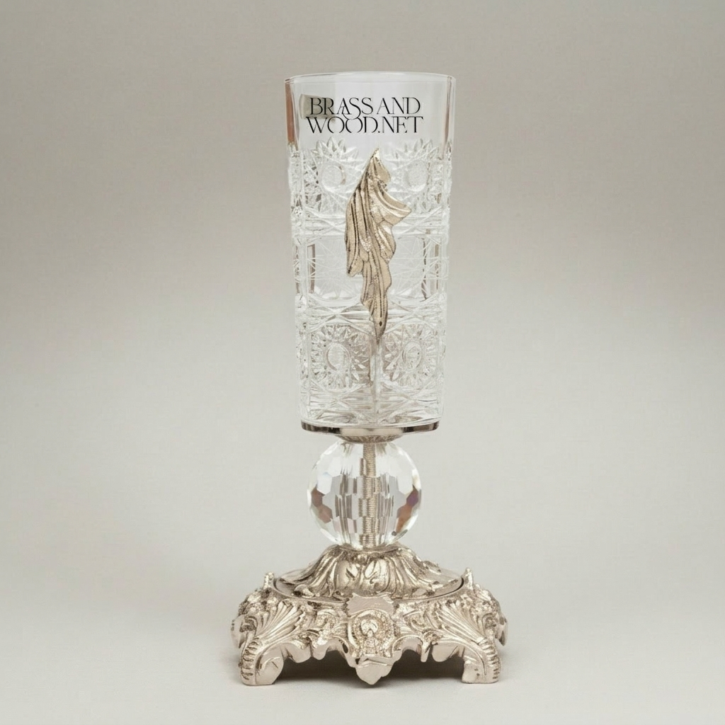 Rococo Hand-Engraved Crystal Vase on Ornate Brass Base with Acanthus Leaf Appliqué — Silver