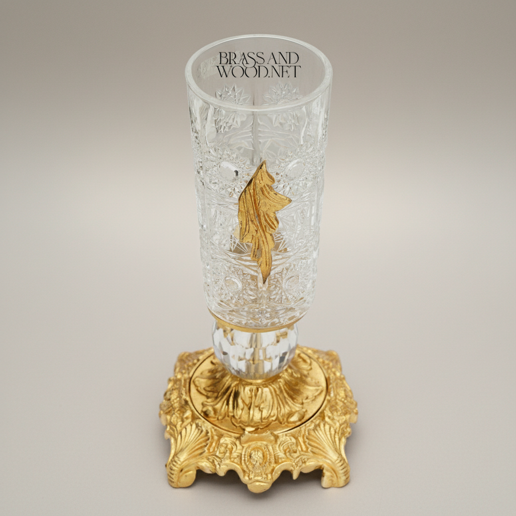 Rococo Hand-Engraved Crystal Vase on Ornate Brass Base with Acanthus Leaf Appliqué — Gold