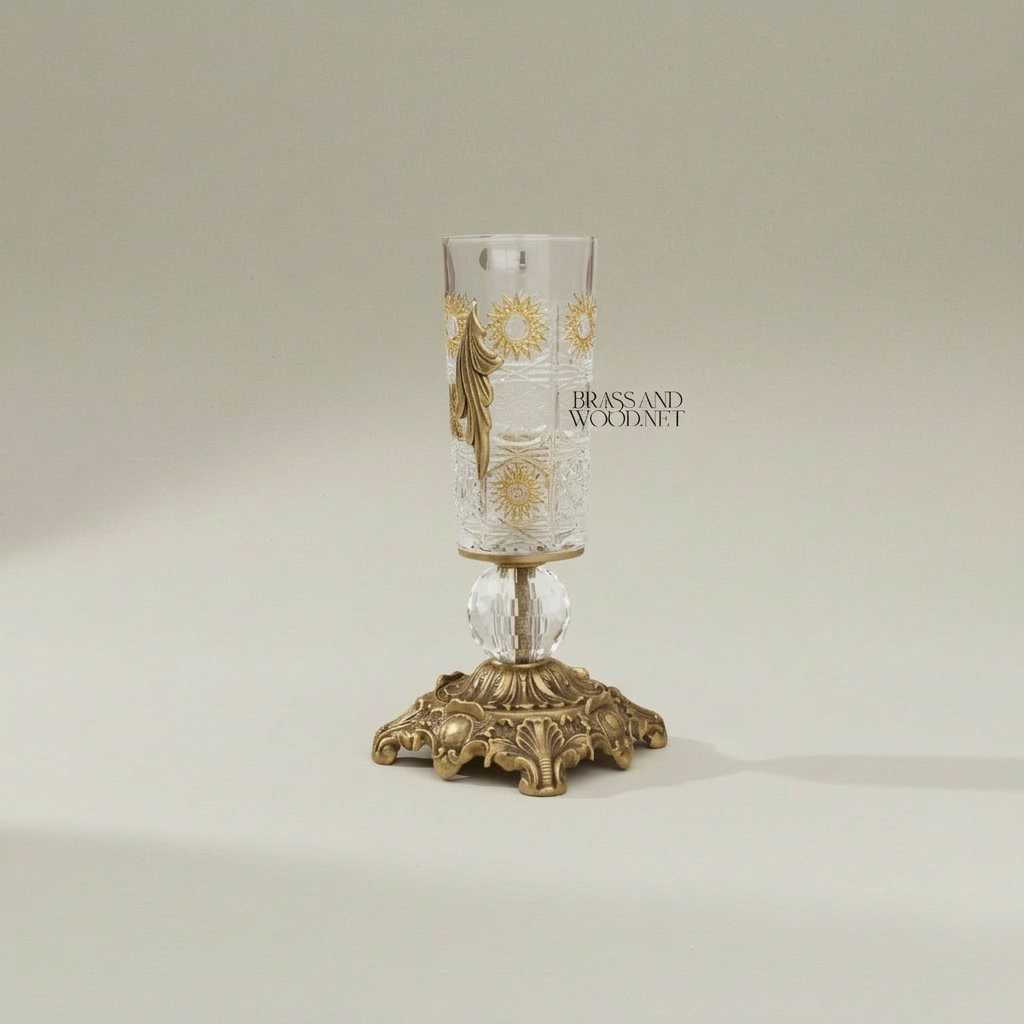 Rococo Hand-Engraved Crystal Vase on Ornate Brass Base with Acanthus Leaf Appliqué — Antique Gold