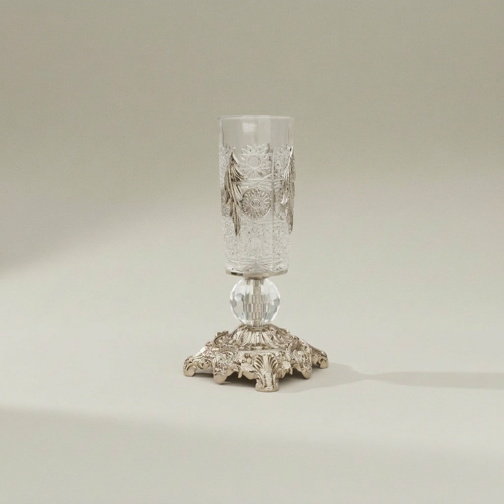 Rococo Hand-Engraved Crystal Vase on Ornate Brass Base with Acanthus Leaf Appliqué — Silver