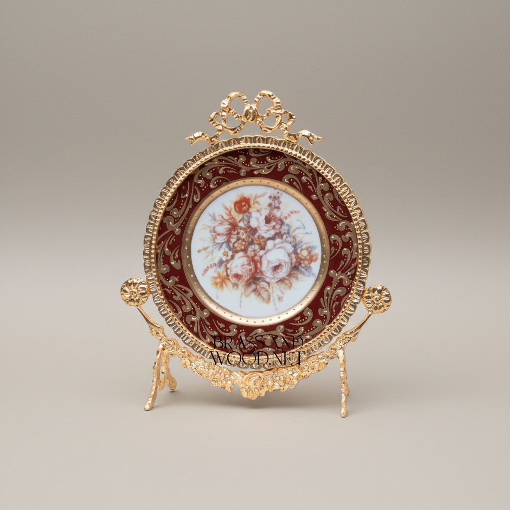 Rococo Hand-Painted Ceramic & Brass 3-Piece Garniture Set with Oval Plate Stand — Gold