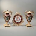 Rococo Hand-Painted Ceramic & Brass 3-Piece Garniture Set with Oval Plate Stand — Gold