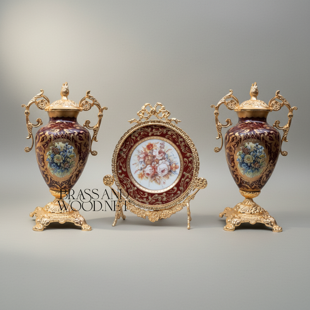 Rococo Hand-Painted Ceramic & Brass 3-Piece Garniture Set with Oval Plate Stand — Gold
