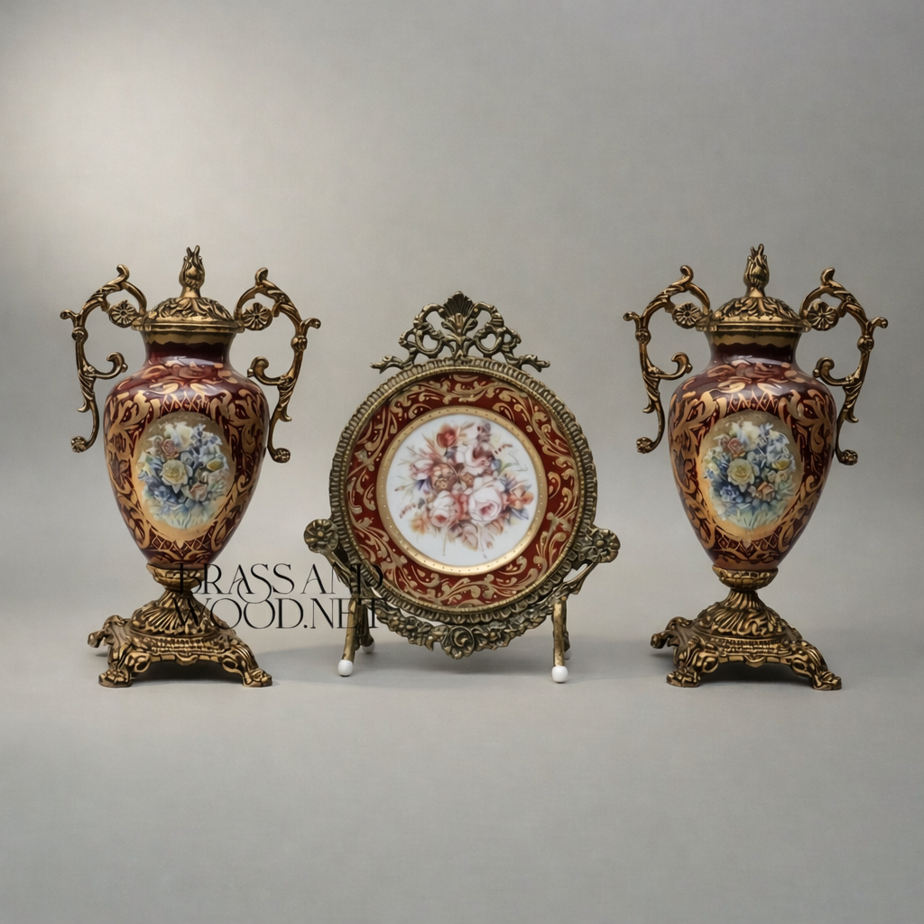 Rococo Hand-Painted Ceramic & Brass 3-Piece Garniture Set with Oval Plate Stand — Antique Gold