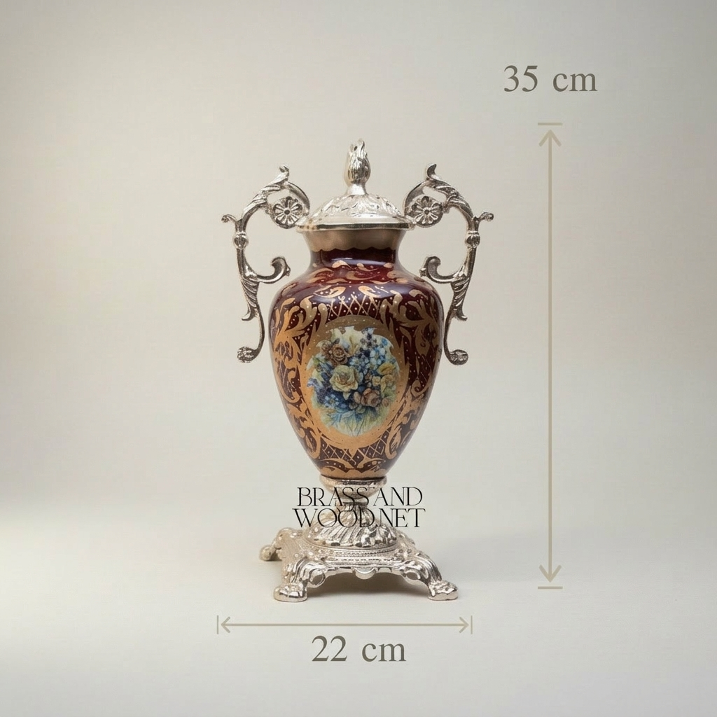 Rococo Hand-Painted Ceramic & Brass 3-Piece Garniture Set with Oval Plate Stand — Silver