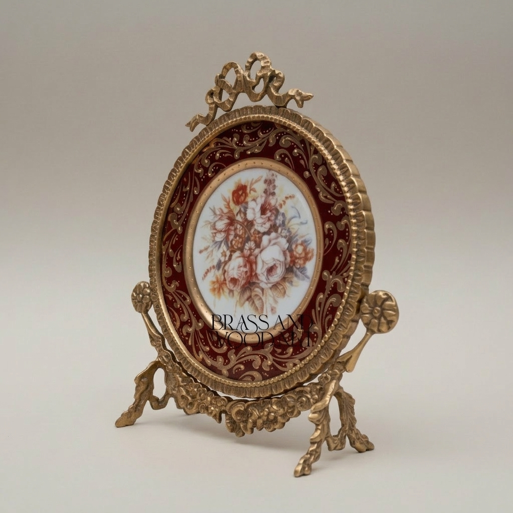 Rococo Hand-Painted Ceramic & Brass 3-Piece Garniture Set with Oval Plate Stand — Antique Gold