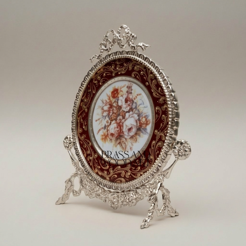 Rococo Hand-Painted Ceramic & Brass 3-Piece Garniture Set with Oval Plate Stand — Silver