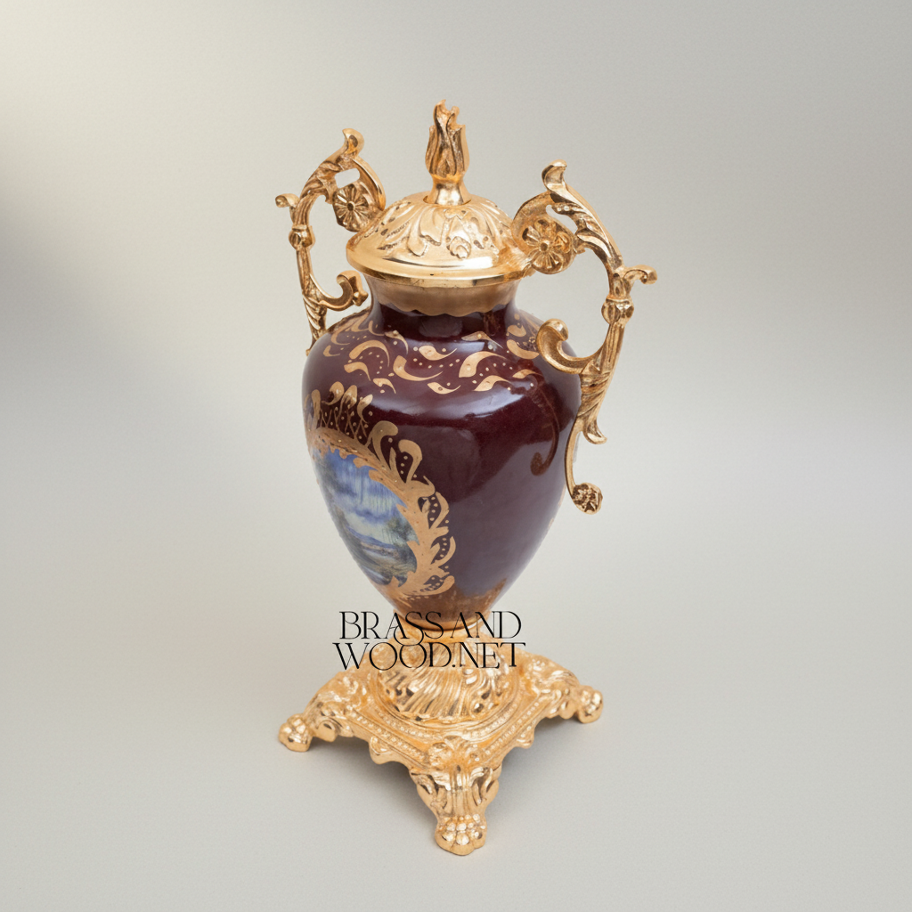 Rococo Hand-Painted Ceramic & Brass 3-Piece Garniture Set with Oval Plate Stand