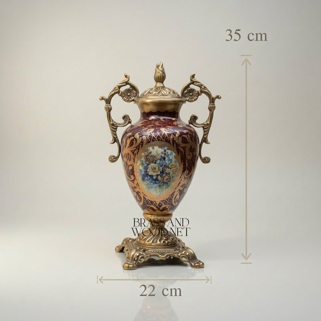 Rococo Hand-Painted Ceramic & Brass 3-Piece Garniture Set with Oval Plate Stand — Antique Gold