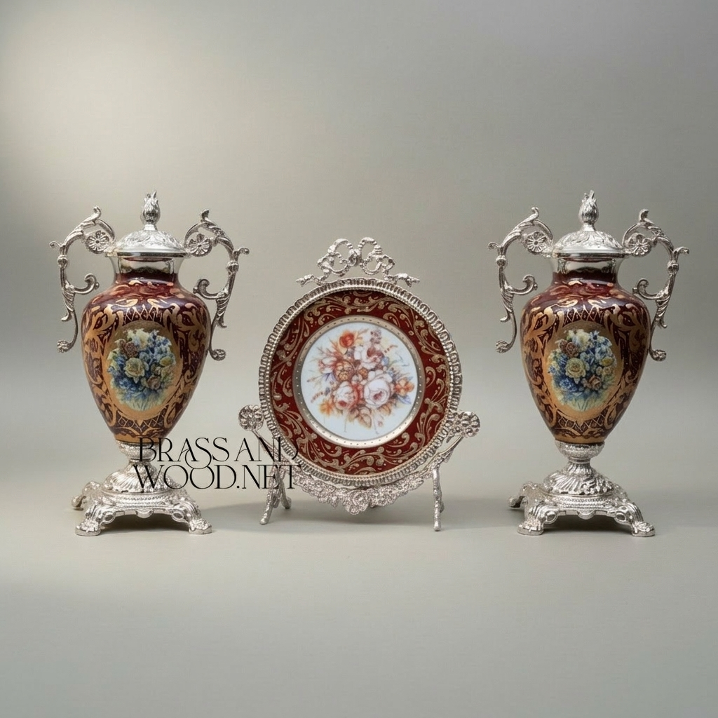 Rococo Hand-Painted Ceramic & Brass 3-Piece Garniture Set with Oval Plate Stand — Silver