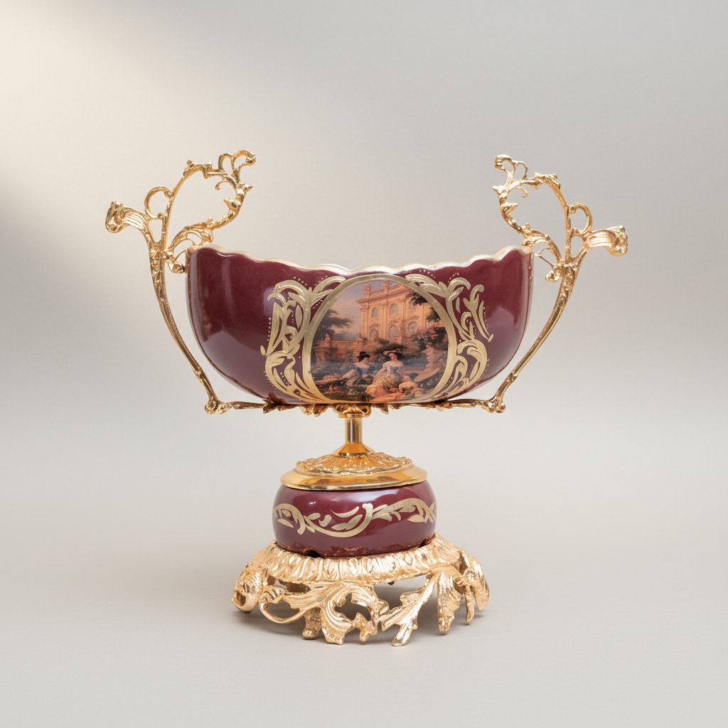 Rococo Hand-Painted Ceramic & Brass Garniture Set – Wine Ground with Scenic Cartouche Medallions