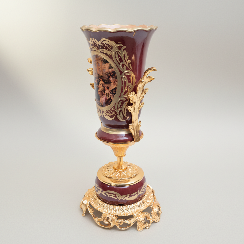 Rococo Hand-Painted Ceramic & Brass Garniture Set – Wine Ground with Scenic Cartouche Medallions