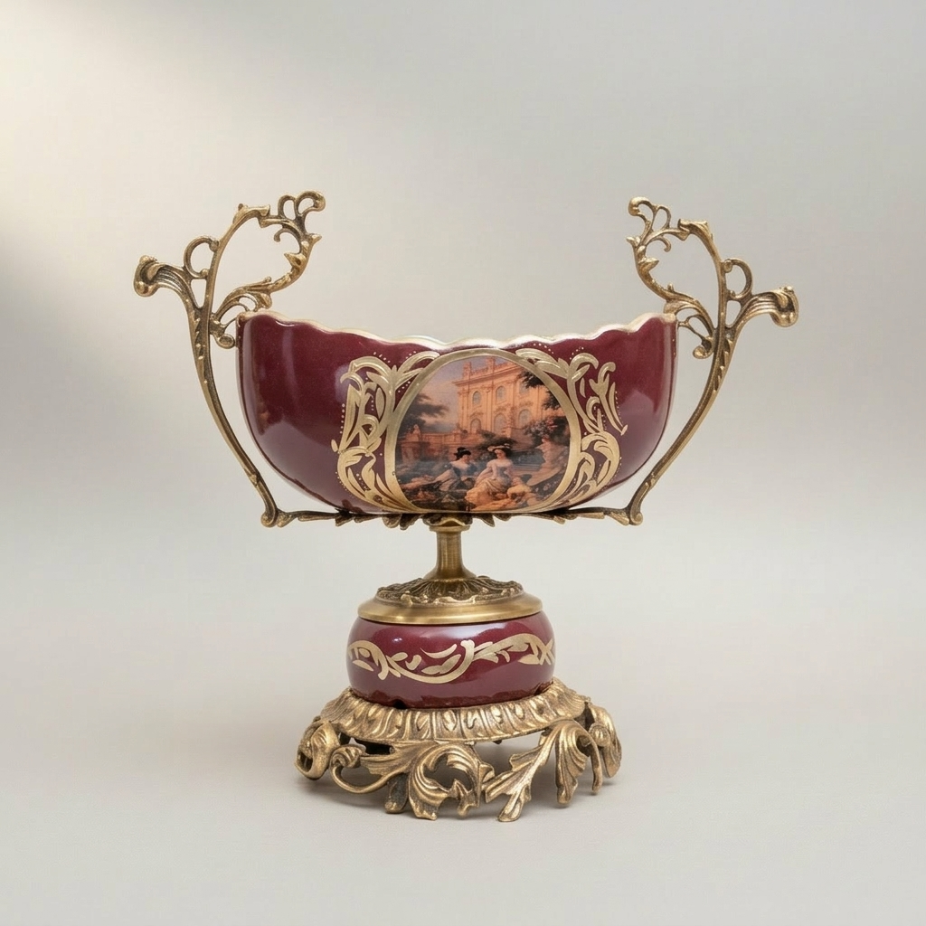 Rococo Hand-Painted Ceramic & Brass Garniture Set – Wine Ground with Scenic Cartouche Medallions — Antique Gold