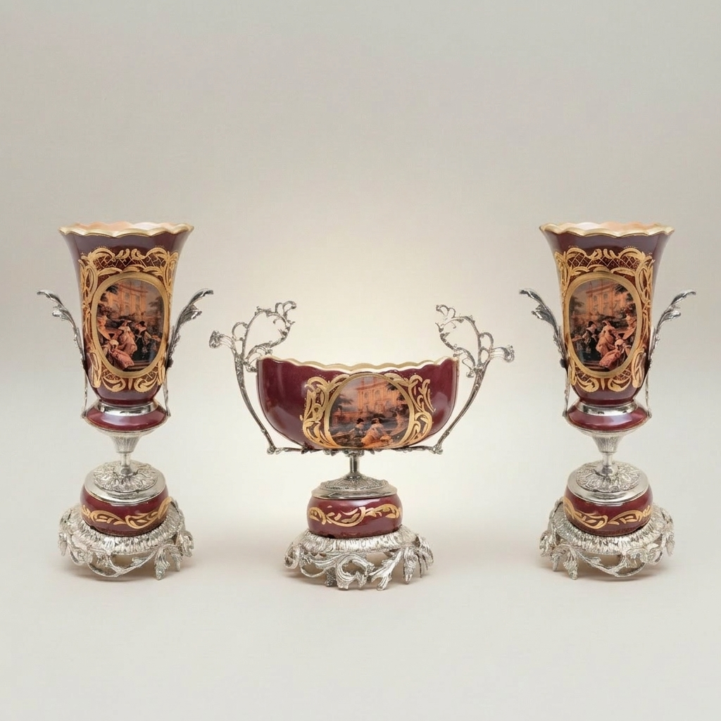 Rococo Hand-Painted Ceramic & Brass Garniture Set – Wine Ground with Scenic Cartouche Medallions — Silver