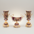 Rococo Hand-Painted Ceramic & Brass Garniture Set – Wine Ground with Scenic Cartouche Medallions — Gold