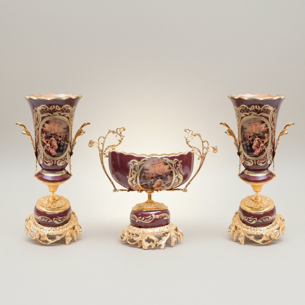 Rococo Hand-Painted Ceramic & Brass Garniture Set – Wine Ground with Scenic Cartouche Medallions — Gold