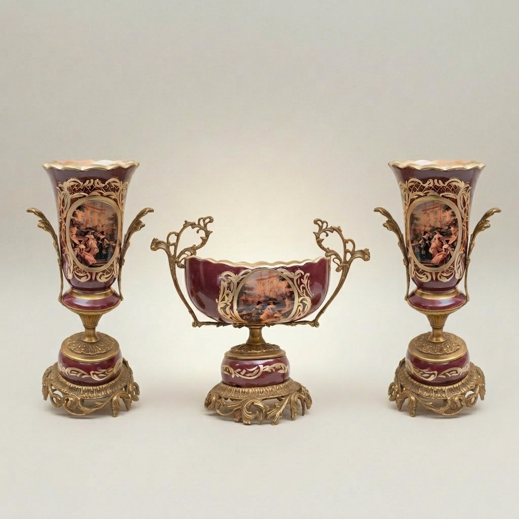 Rococo Hand-Painted Ceramic & Brass Garniture Set – Wine Ground with Scenic Cartouche Medallions — Antique Gold