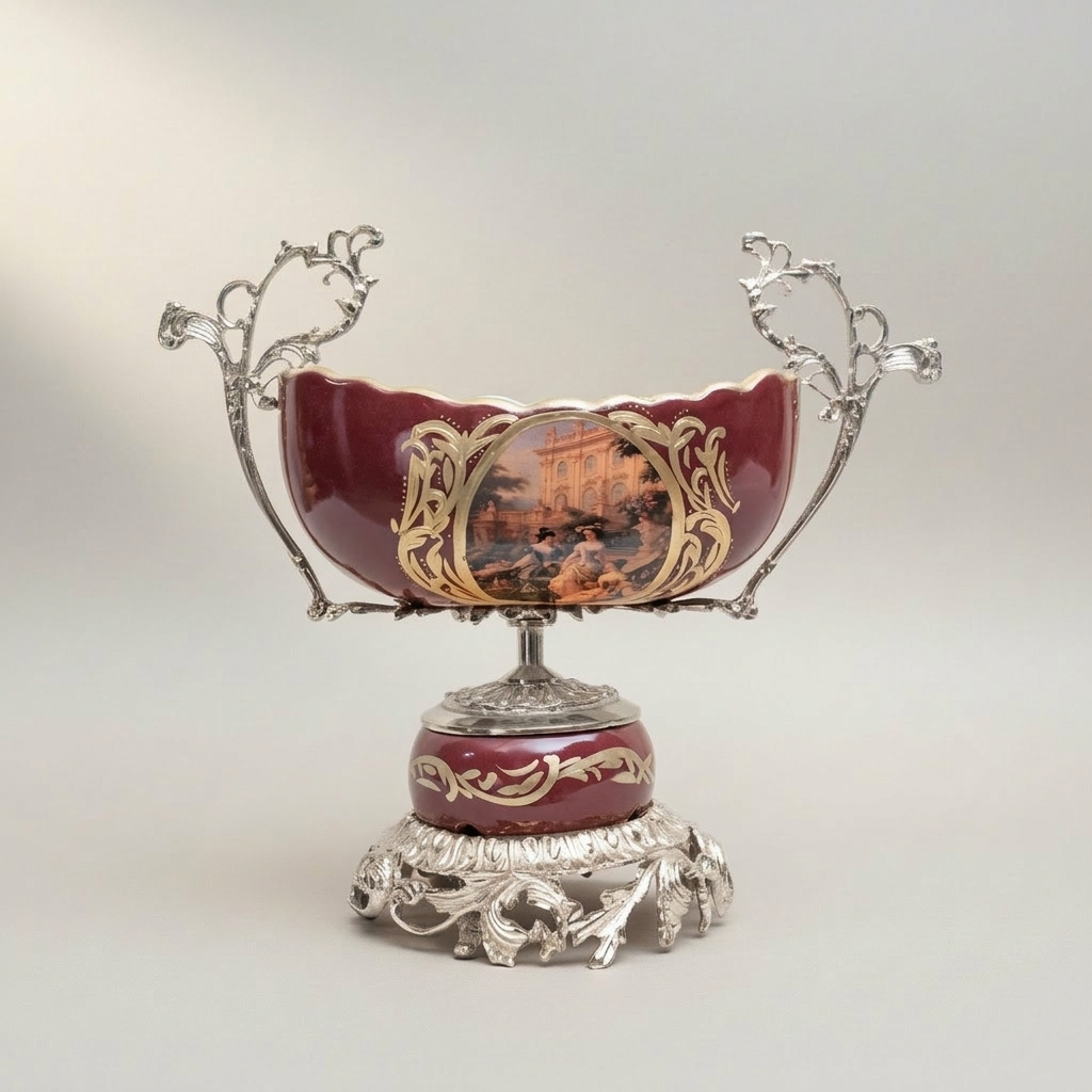 Rococo Hand-Painted Ceramic & Brass Garniture Set – Wine Ground with Scenic Cartouche Medallions — Silver
