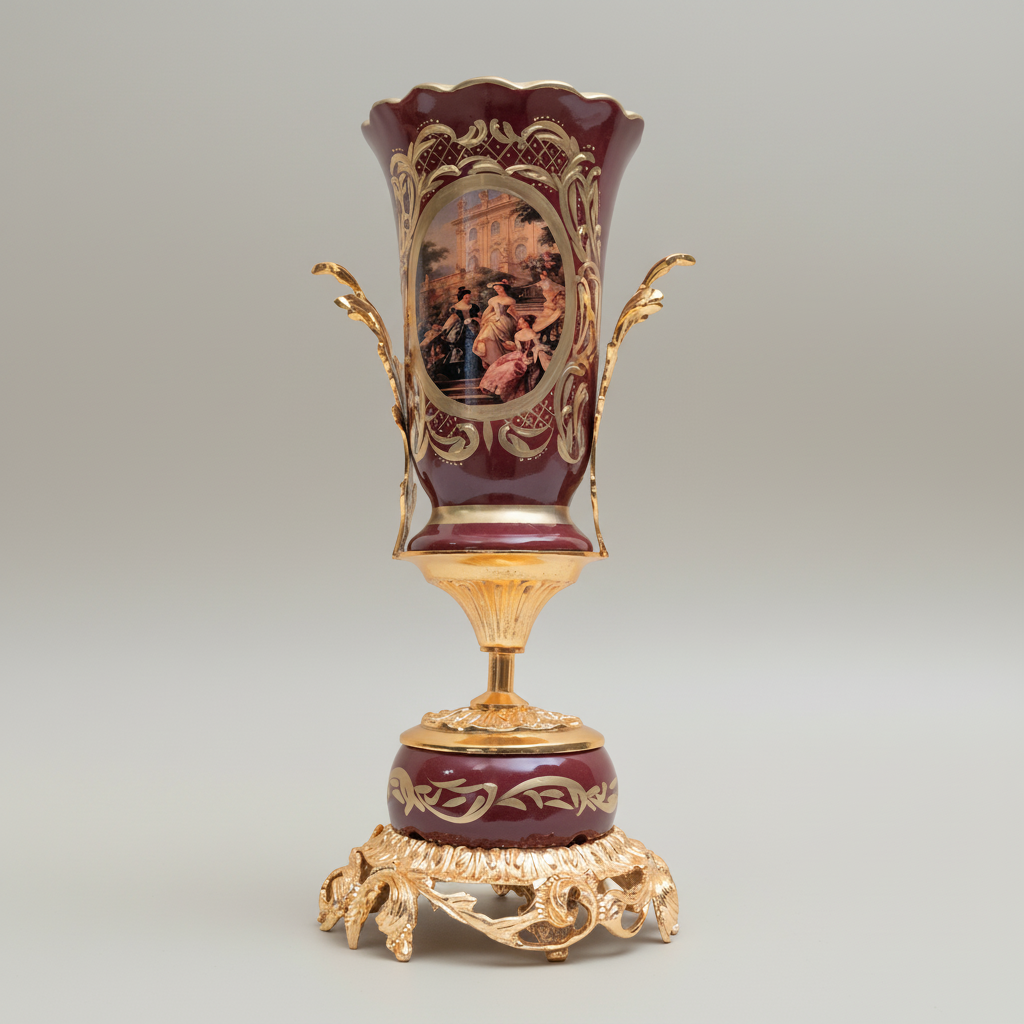 Rococo Hand-Painted Ceramic & Brass Garniture Set – Wine Ground with Scenic Cartouche Medallions — Gold