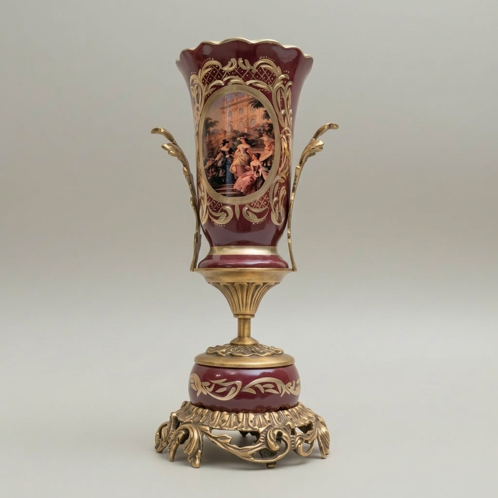 Rococo Hand-Painted Ceramic & Brass Garniture Set – Wine Ground with Scenic Cartouche Medallions — Antique Gold