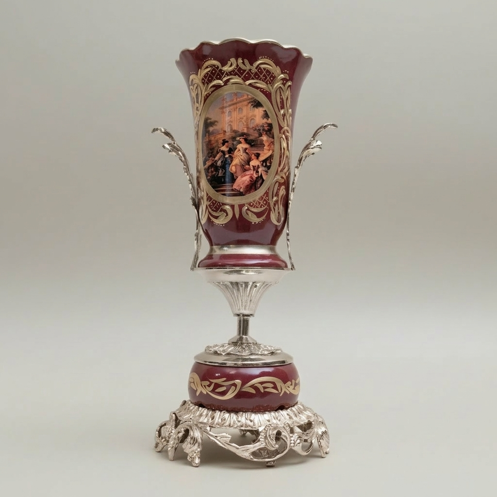 Rococo Hand-Painted Ceramic & Brass Garniture Set – Wine Ground with Scenic Cartouche Medallions — Silver