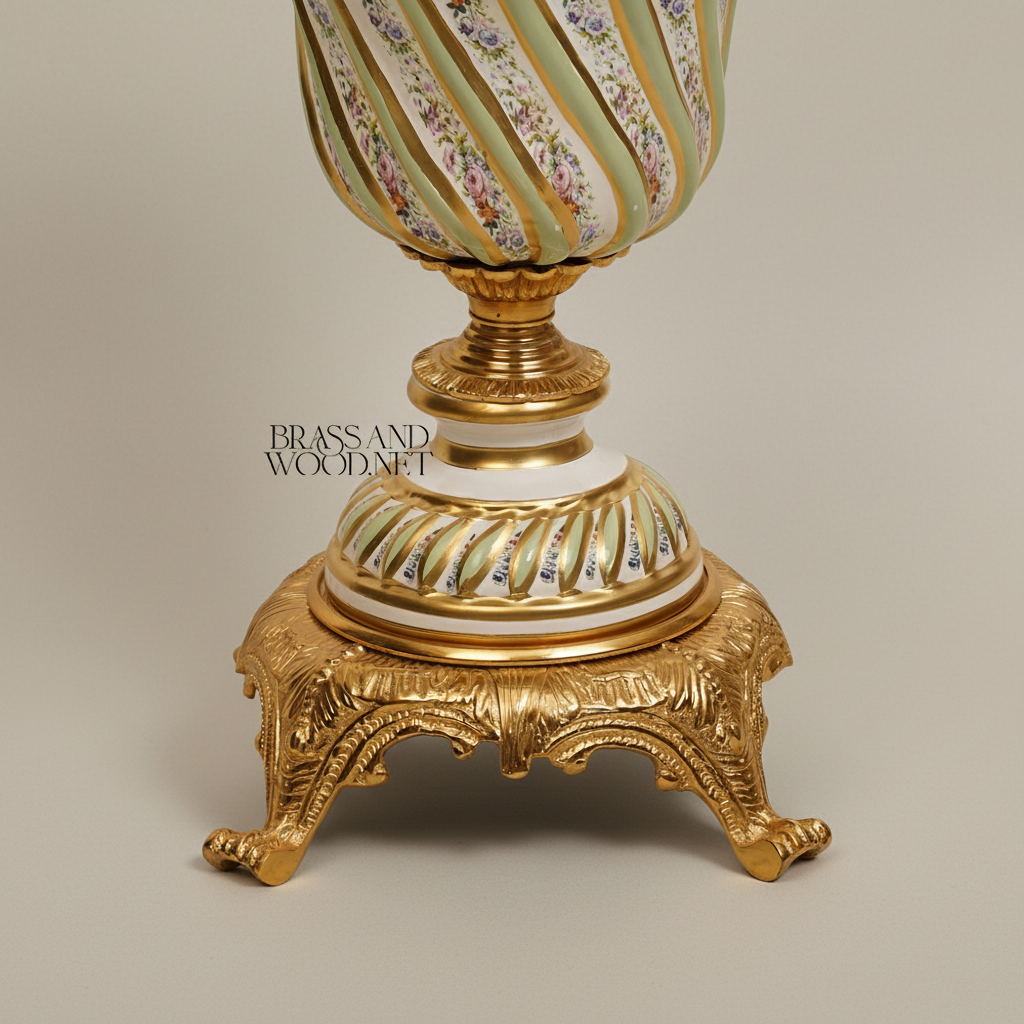 Rococo Hand-Painted Ceramic Lidded Urn with Floral Bouquets & Twisted Rib Body
