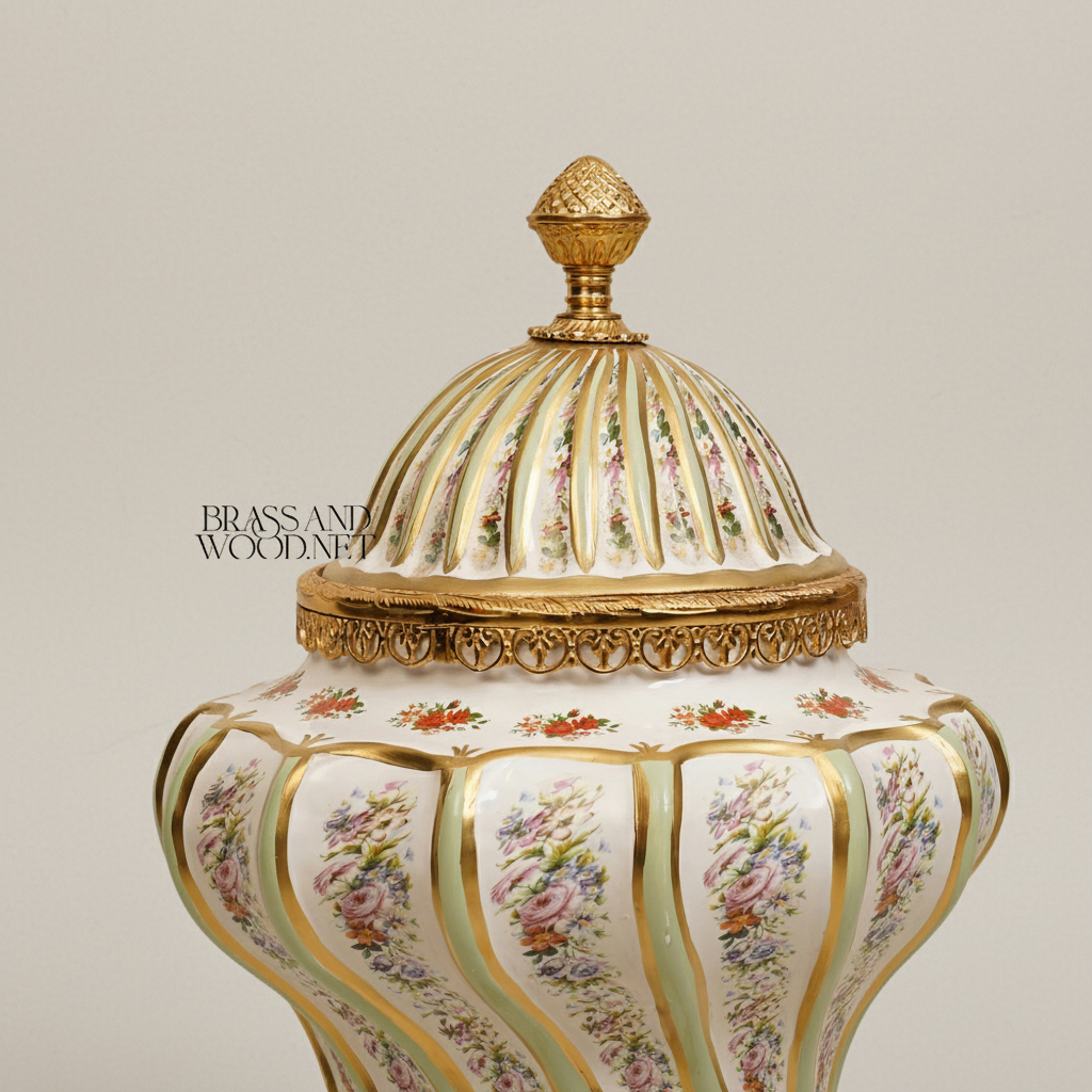 Rococo Hand-Painted Ceramic Lidded Urn with Floral Bouquets & Twisted Rib Body