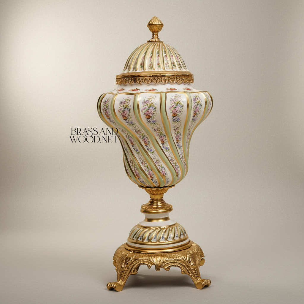 Rococo Hand-Painted Ceramic Lidded Urn with Floral Bouquets & Twisted Rib Body
