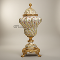 Rococo Hand-Painted Ceramic Lidded Urn with Floral Bouquets & Twisted Rib Body — Gold