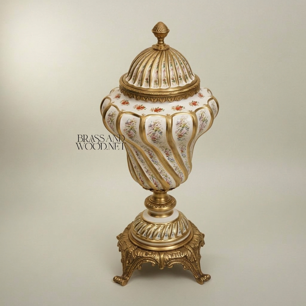 Rococo Hand-Painted Ceramic Lidded Urn with Floral Bouquets & Twisted Rib Body — Antique Gold