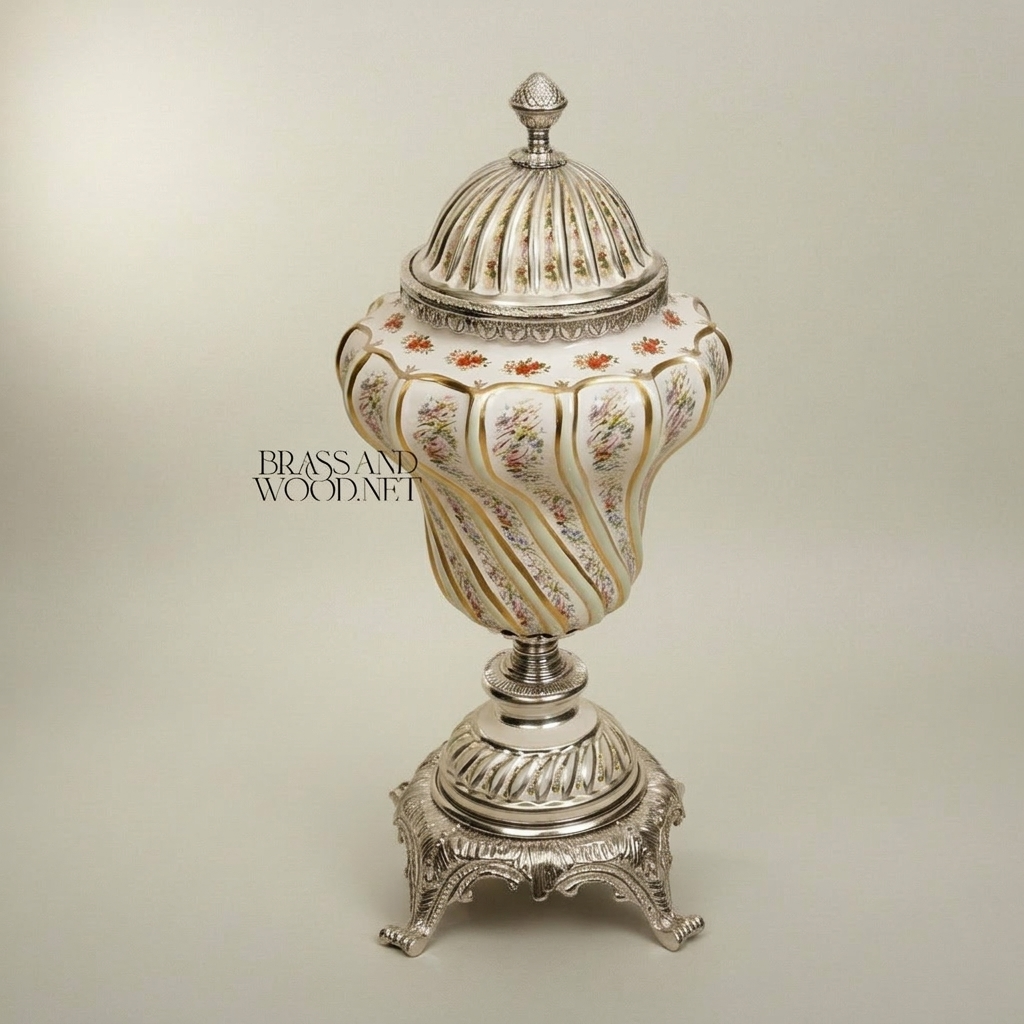 Rococo Hand-Painted Ceramic Lidded Urn with Floral Bouquets & Twisted Rib Body — Silver