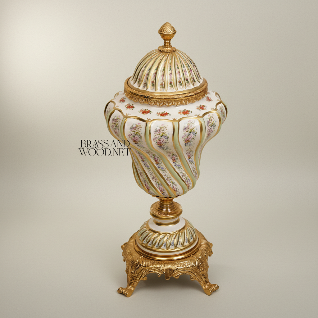 Rococo Hand-Painted Ceramic Lidded Urn with Floral Bouquets & Twisted Rib Body — Gold