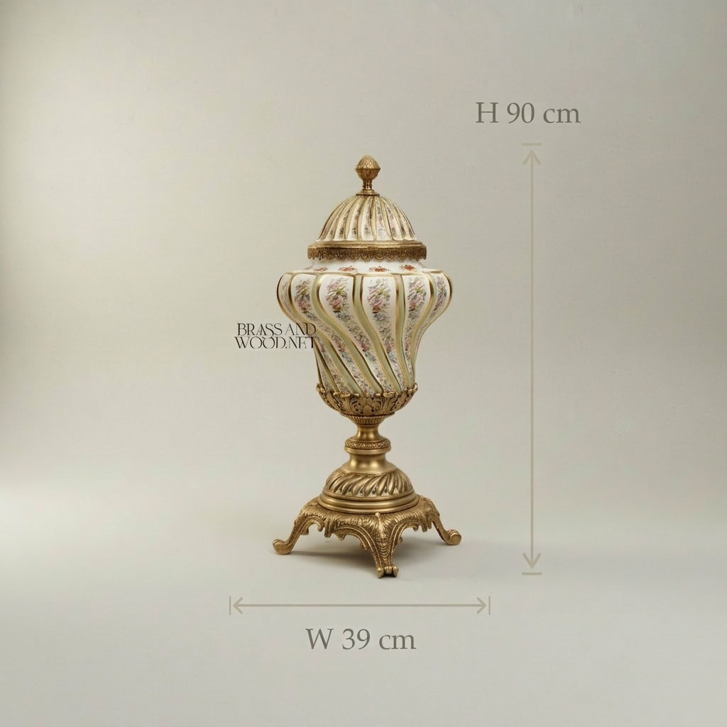 Rococo Hand-Painted Ceramic Lidded Urn with Floral Bouquets & Twisted Rib Body — Antique Gold