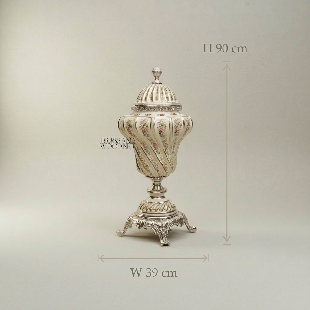 Rococo Hand-Painted Ceramic Lidded Urn with Floral Bouquets & Twisted Rib Body — Silver