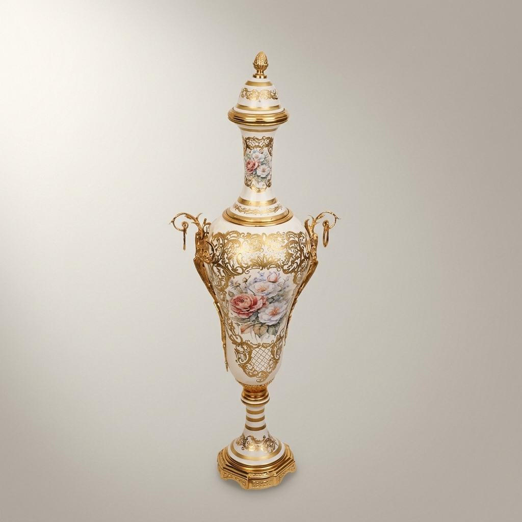 Rococo Hand-Painted Ceramic Lidded Urn Vase with Brass Filigree Mounts & Floral Bouquet — Antique Gold