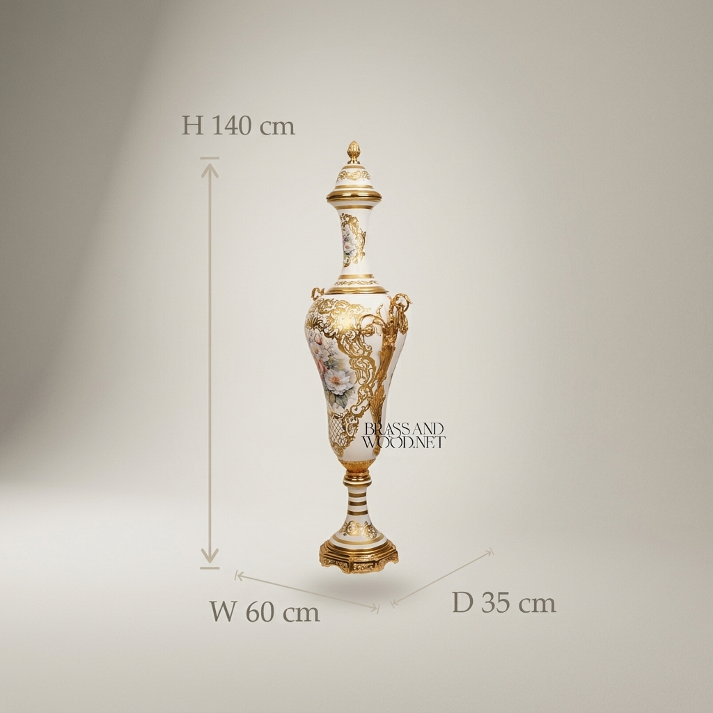 Rococo Hand-Painted Ceramic Lidded Urn Vase with Brass Filigree Mounts & Floral Bouquet — Antique Gold