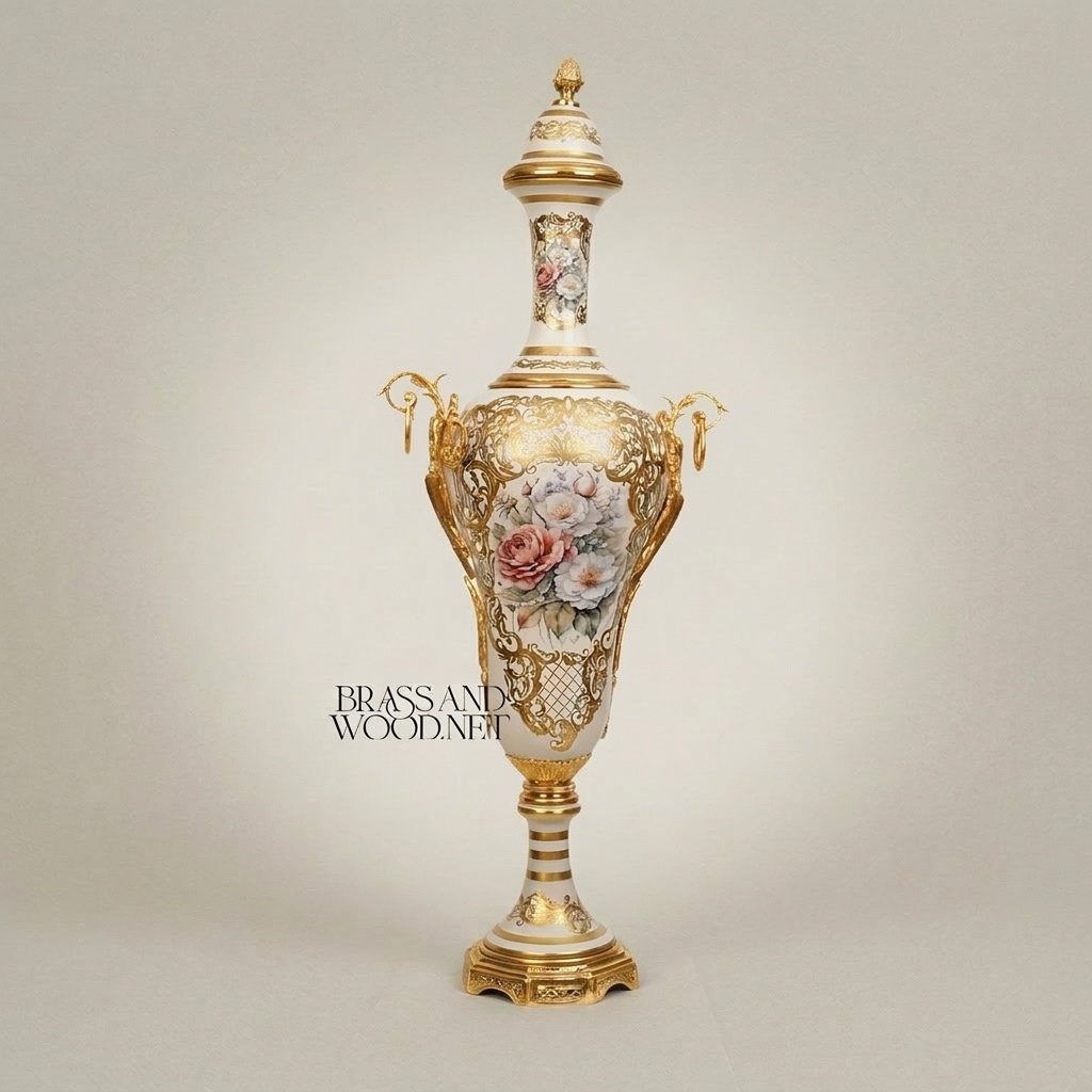 Rococo Hand-Painted Ceramic Lidded Urn Vase with Brass Filigree Mounts & Floral Bouquet