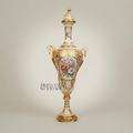 Rococo Hand-Painted Ceramic Lidded Urn Vase with Brass Filigree Mounts & Floral Bouquet — Gold