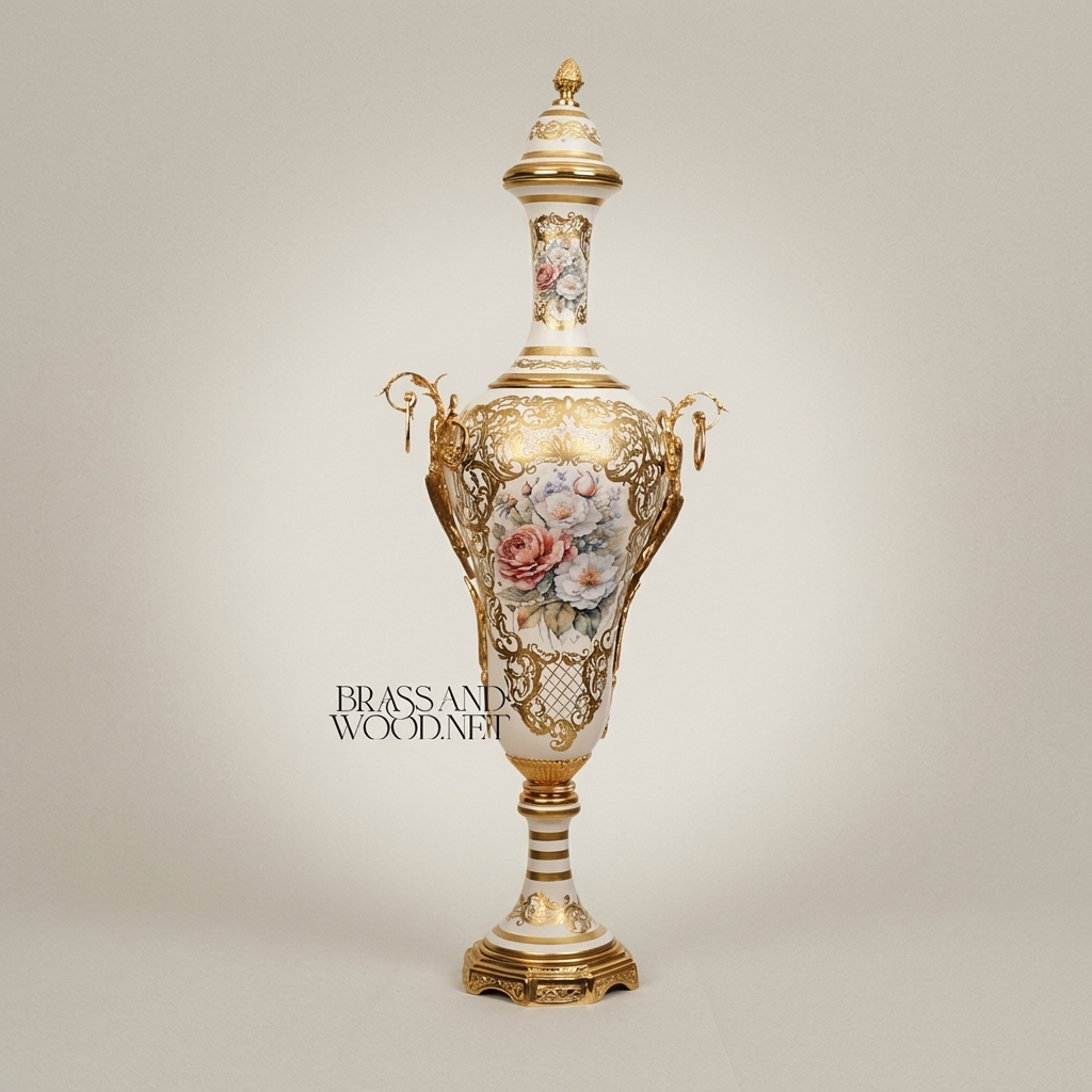 Rococo Hand-Painted Ceramic Lidded Urn Vase with Brass Filigree Mounts & Floral Bouquet — Antique Gold