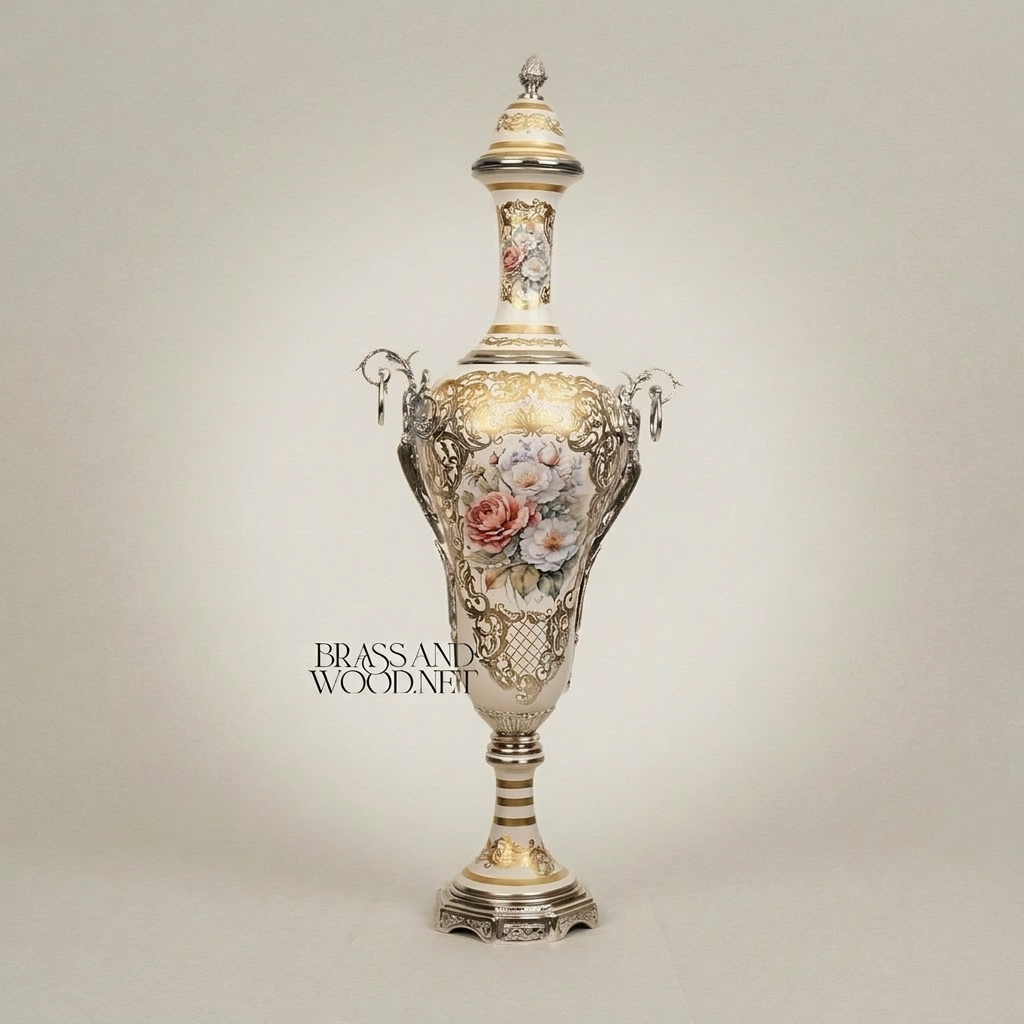 Rococo Hand-Painted Ceramic Lidded Urn Vase with Brass Filigree Mounts & Floral Bouquet — Silver