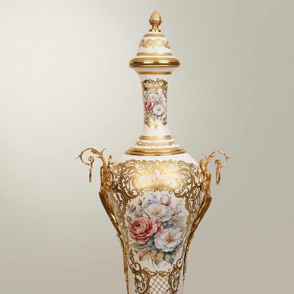 Rococo Hand-Painted Ceramic Lidded Urn Vase with Brass Filigree Mounts & Floral Bouquet — Antique Gold