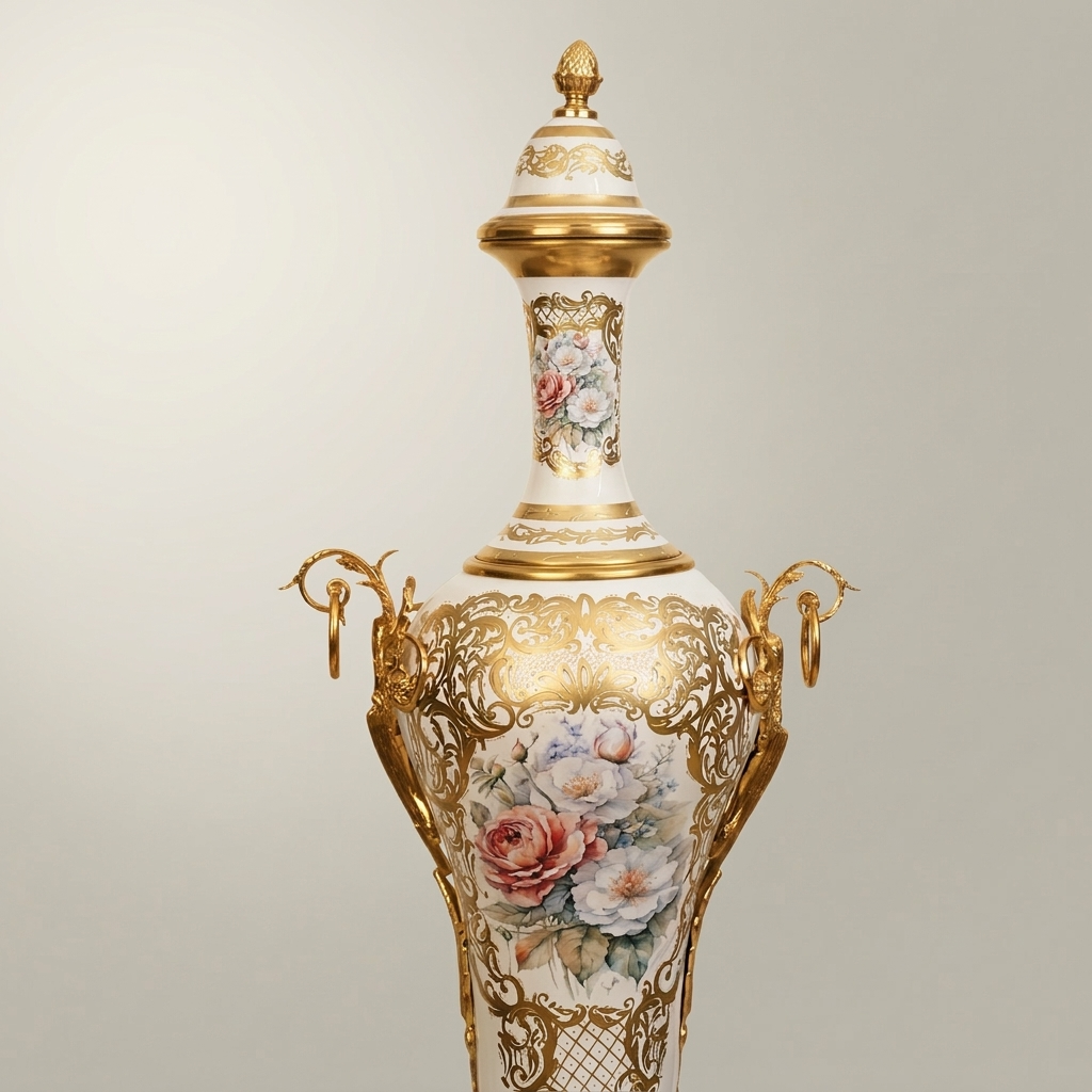 Rococo Hand-Painted Ceramic Lidded Urn Vase with Brass Filigree Mounts & Floral Bouquet