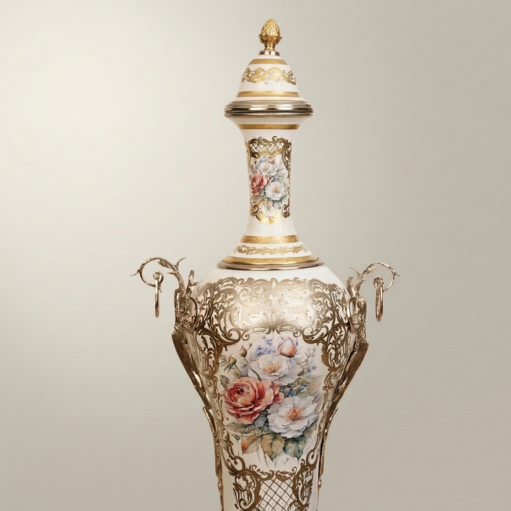 Rococo Hand-Painted Ceramic Lidded Urn Vase with Brass Filigree Mounts & Floral Bouquet — Silver